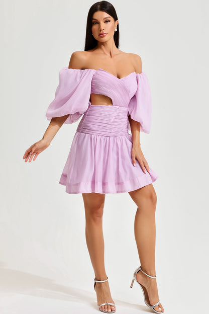Vestido mini con bustier, espalda descubierta y fruncido con mangas abullonadas 