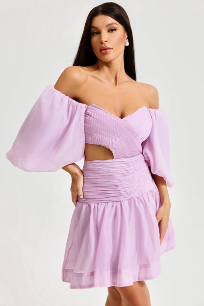 Vestido mini con bustier, espalda descubierta y fruncido con mangas abullonadas 