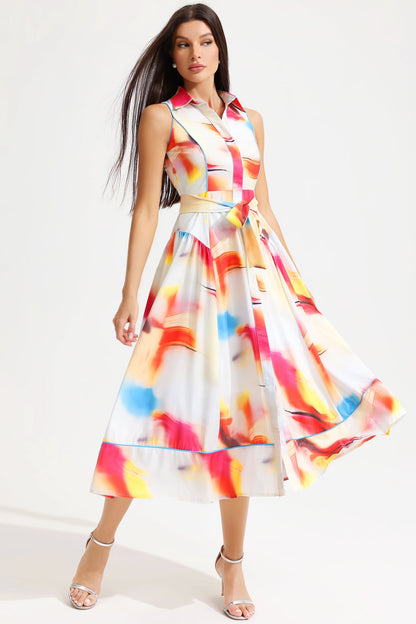 Vestido midi con solapa, sin mangas y estampado abstracto con cordones 