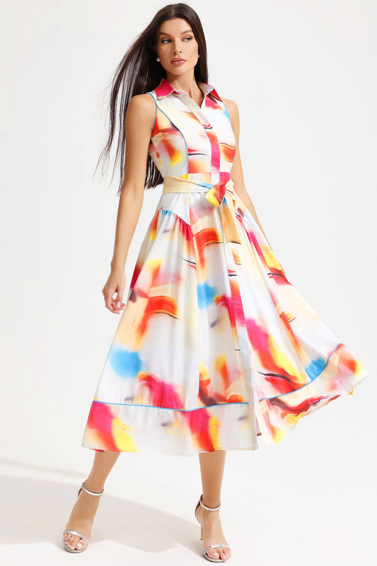 Vestido midi con solapa, sin mangas y estampado abstracto con cordones 