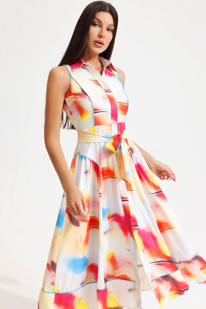 Vestido midi con solapa, sin mangas y estampado abstracto con cordones 