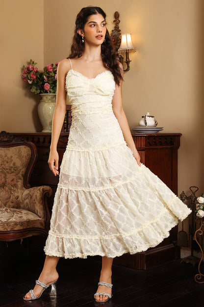 Vestido midi plisado con volantes y tirantes finos blanco 