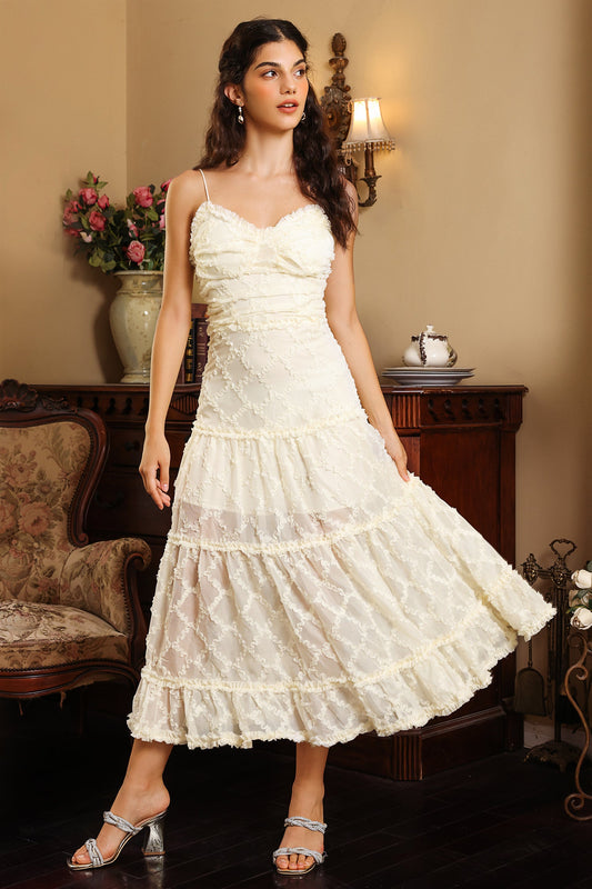 Vestido midi plisado con volantes y tirantes finos blanco 