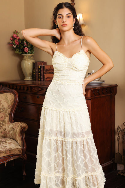 Vestido midi plisado con volantes y tirantes finos blanco 