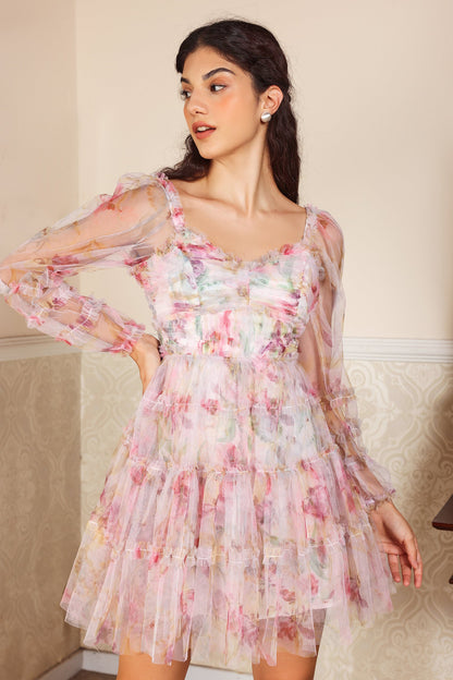 Vestido midi con cuello en V y mangas abullonadas con estampado floral 