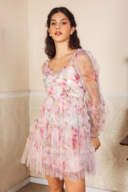 Vestido midi con cuello en V y mangas abullonadas con estampado floral 