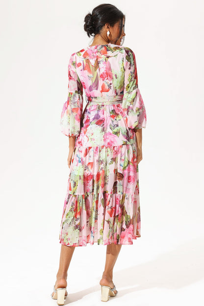 Vestido maxi floral de manga larga con cuello en V y volantes 