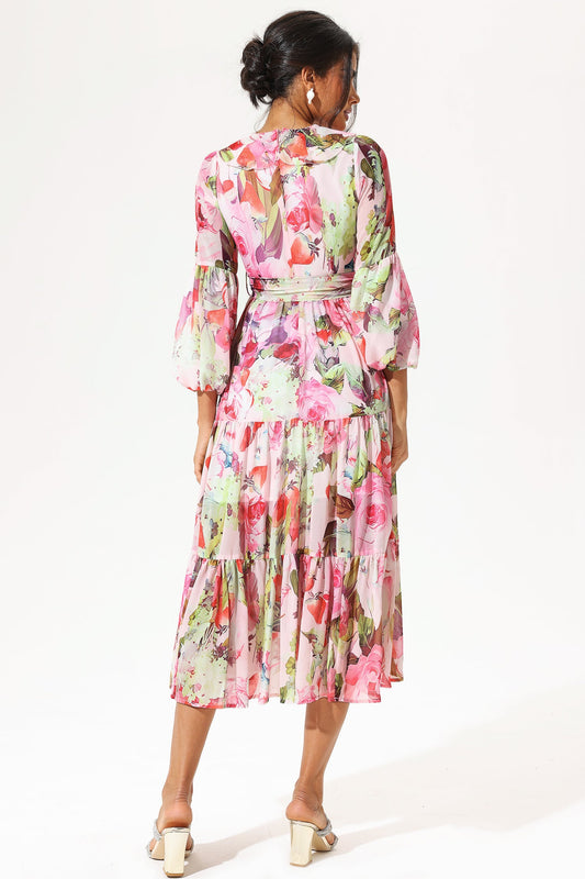 Floral Long Sleeve V-Neck Ruffle Maxi Dress
