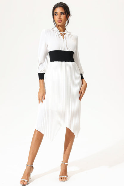 Vestido midi blanco con cinturón, cuello alto y mangas farol 