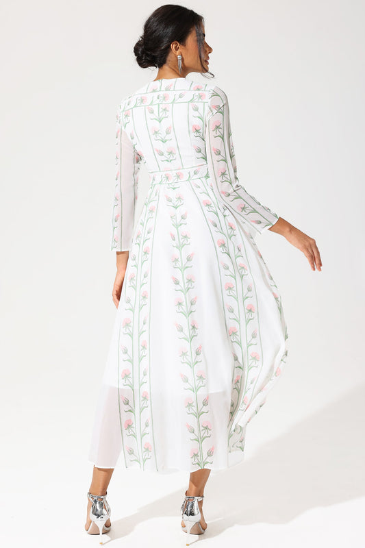 Vestido midi de georgette con cuello redondo y manga larga con estampado floral 