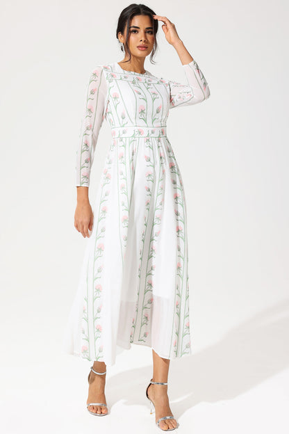Vestido midi de georgette con cuello redondo y manga larga con estampado floral 