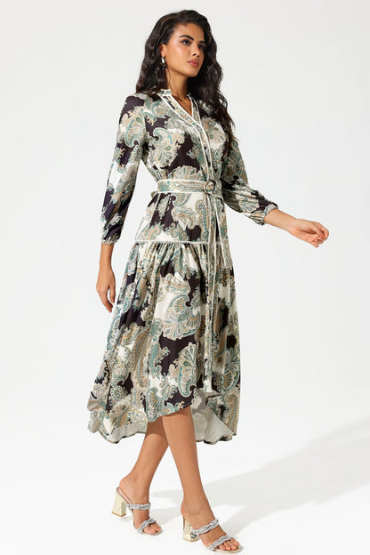 Vestido midi con cinturón, escote en V, mangas farol y estampado paisley 