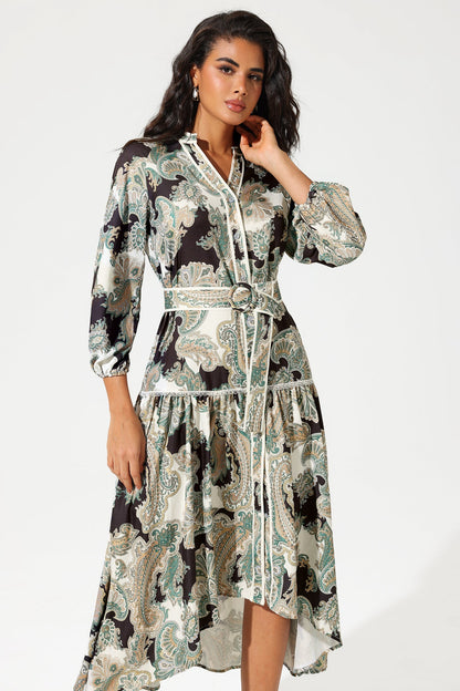 Vestido midi con cinturón, escote en V, mangas farol y estampado paisley 