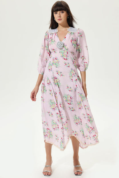 Vestido midi floral con mangas farol, escote en V y cinturón de celosía 