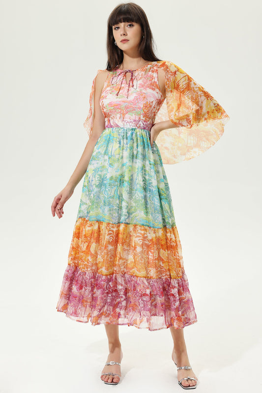 Vestido midi con cuello redondo y mangas asimétricas de cachemira 