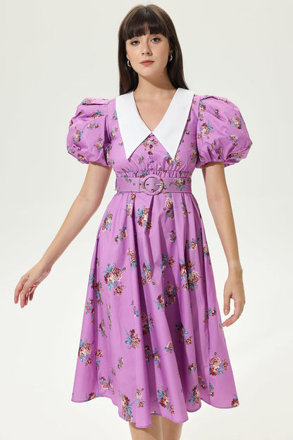 Vestido midi con cinturón, cuello muñeca y mangas abullonadas con estampado floral 