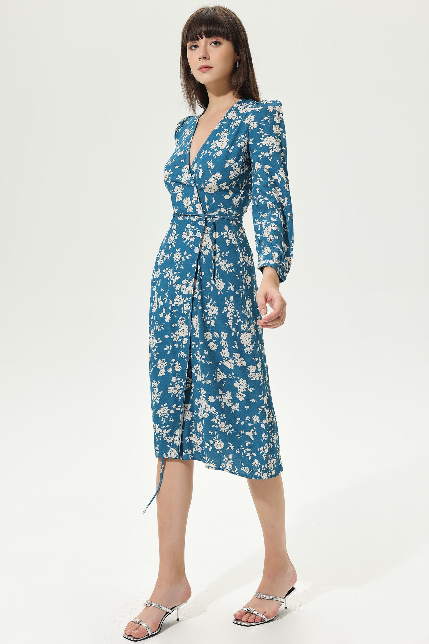 Floral Long Sleeve V-Neck Split Midi Dress