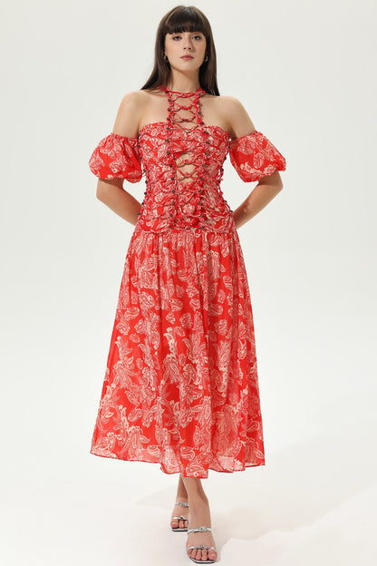 Floral Cut-Out Halter Neck Tapered Waist Maxi Dress