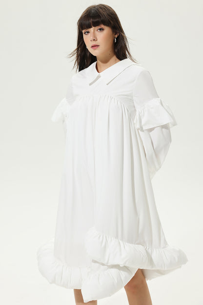 Vestido midi irregular con solapas con volantes y mangas farol 
