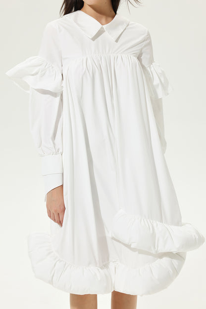 Vestido midi irregular con solapas con volantes y mangas farol 