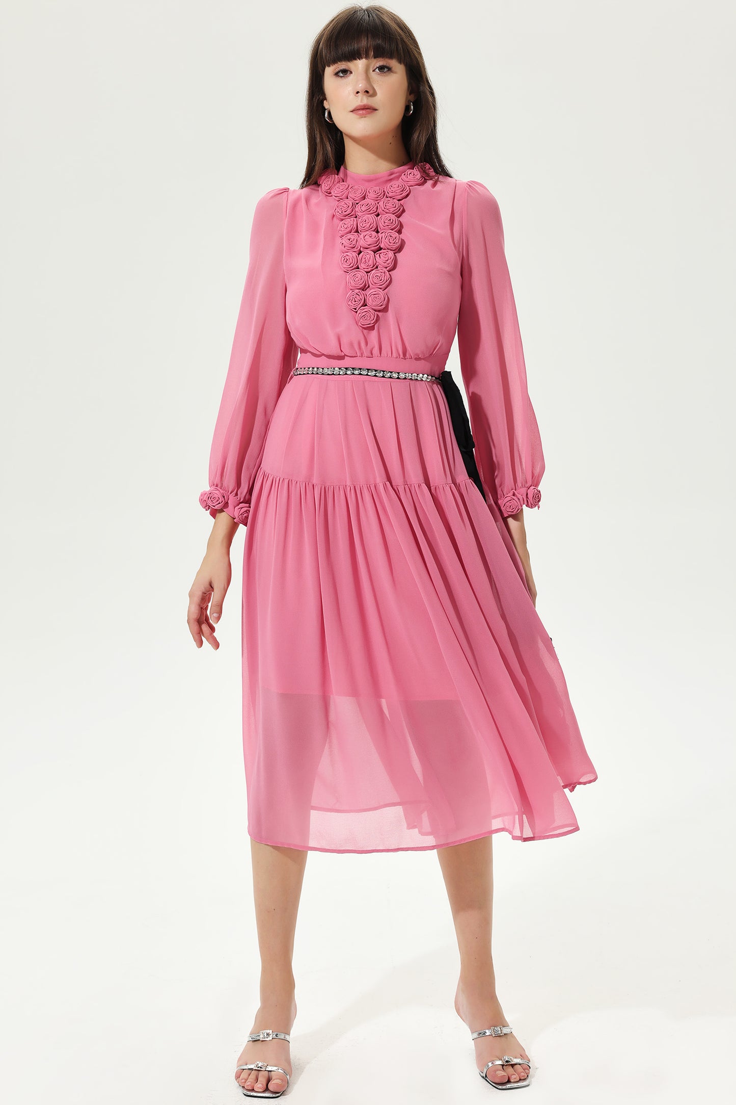 3D Flower Lantern Sleeve Crew Collar Midi Dress
