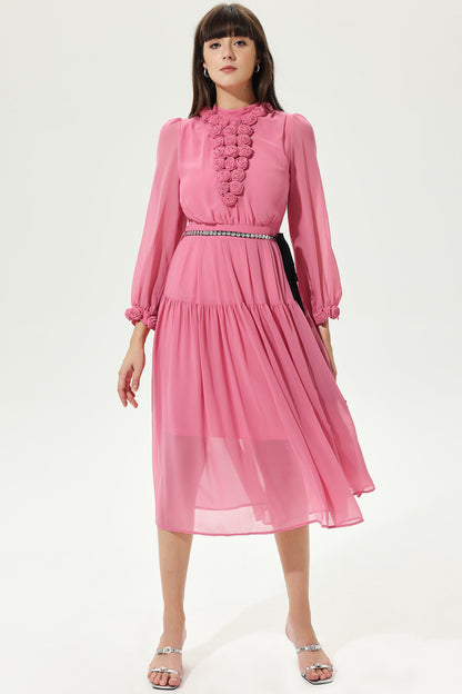 3D Flower Lantern Sleeve Crew Collar Midi Dress