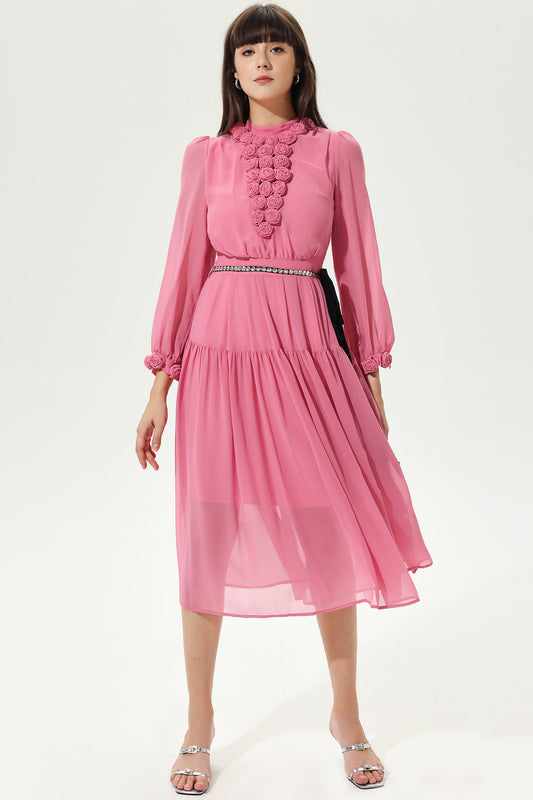 3D Flower Lantern Sleeve Crew Collar Midi Dress