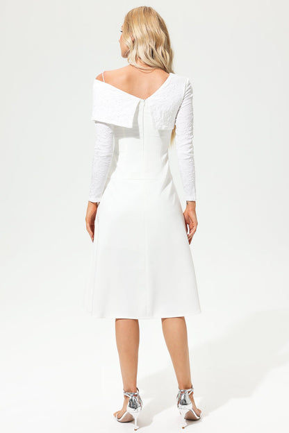 Vestido midi asimétrico de manga larga con cuello vuelto, blanco 