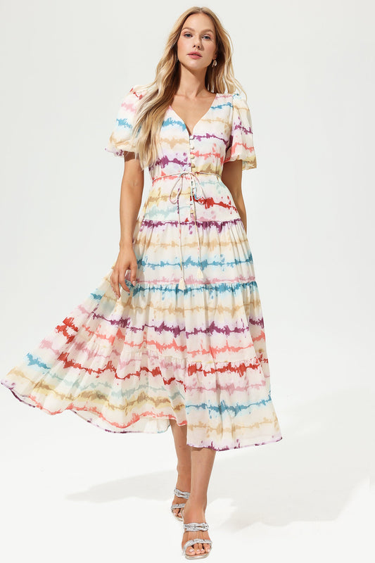 Vestido midi con escote en V, mangas abullonadas y cintura cónica 