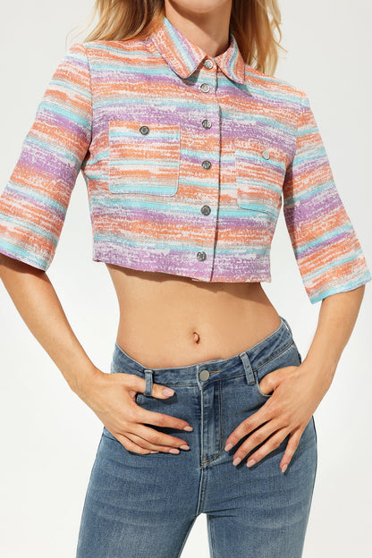 Chaqueta de tweed con cuello camisero y manga media rosa 