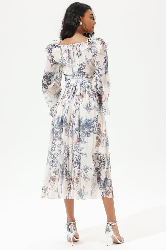 Printed Flared Sleeve Off-Shoulder Midi Dress