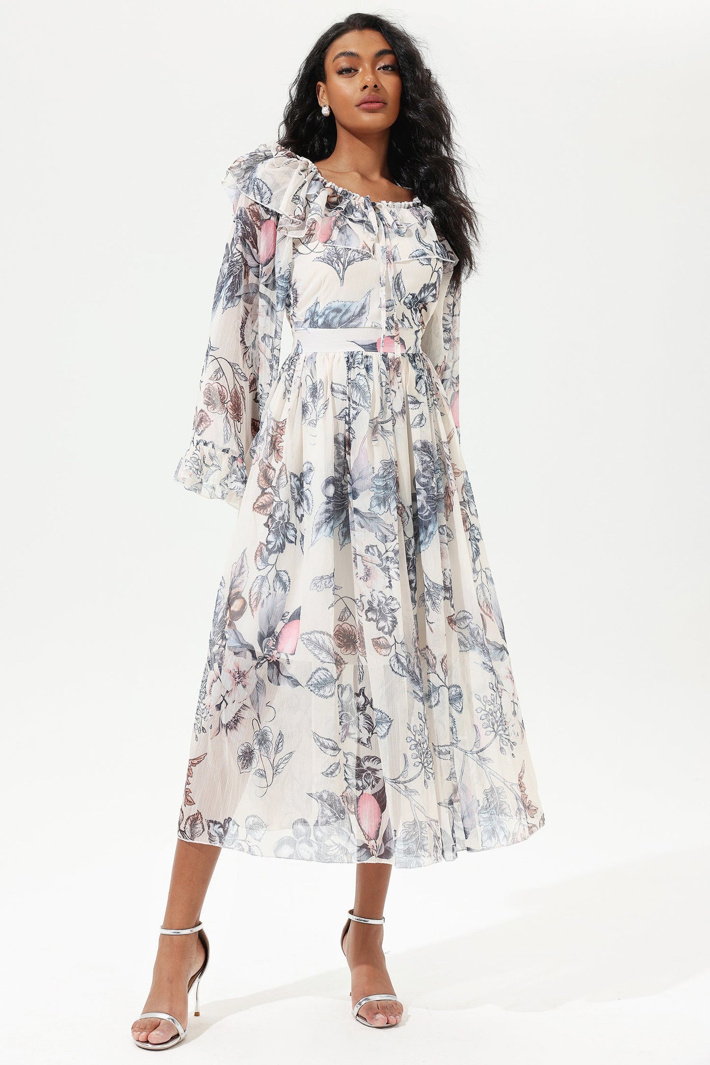 Printed Flared Sleeve Off-Shoulder Midi Dress
