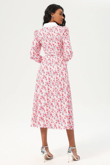 Vestido midi con botones y cuello de muñeca de manga larga con estampado floral en rosa 
