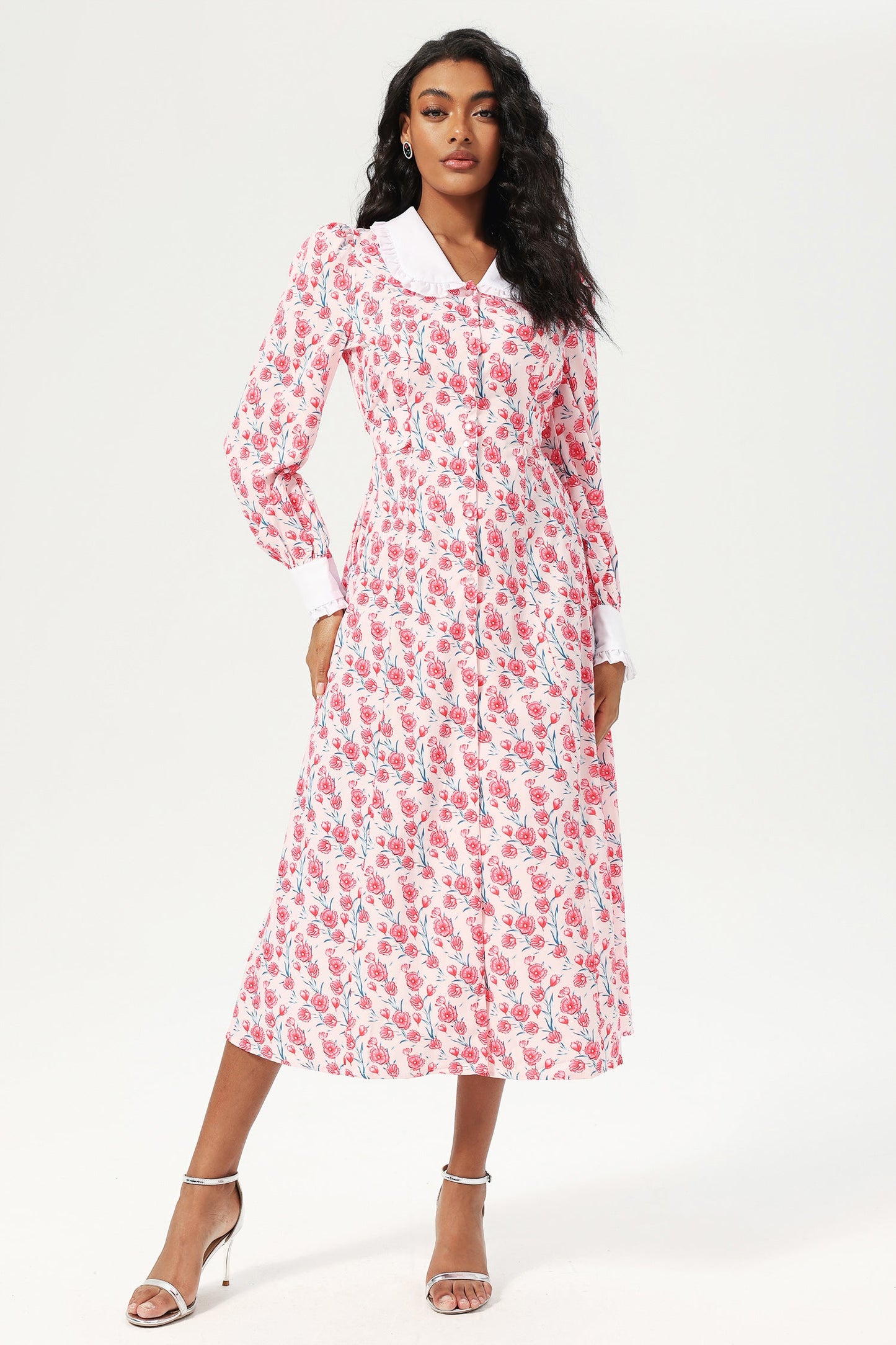 Vestido midi con botones y cuello de muñeca de manga larga con estampado floral en rosa 