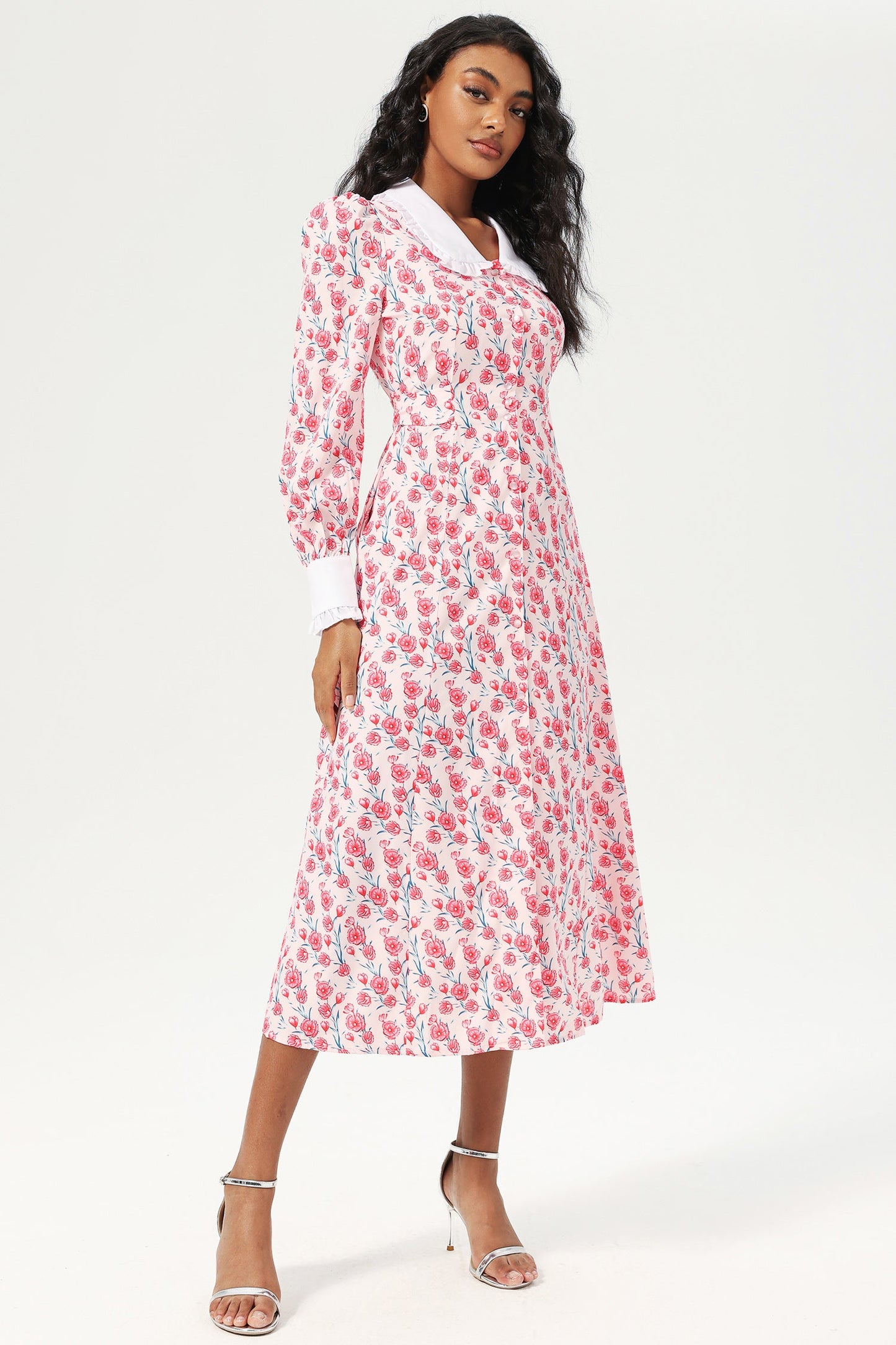 Vestido midi con botones y cuello de muñeca de manga larga con estampado floral en rosa 