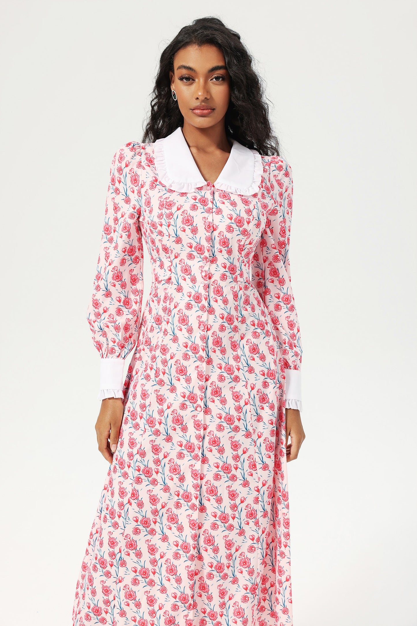 Vestido midi con botones y cuello de muñeca de manga larga con estampado floral en rosa 