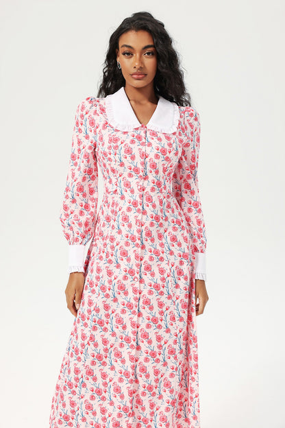 Vestido midi con botones y cuello de muñeca de manga larga con estampado floral en rosa 