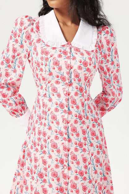 Vestido midi con botones y cuello de muñeca de manga larga con estampado floral en rosa 