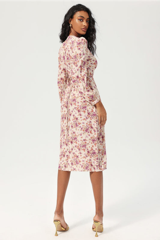 Floral Long Sleeve V-Neck Lace Up Split Midi Dress Purple