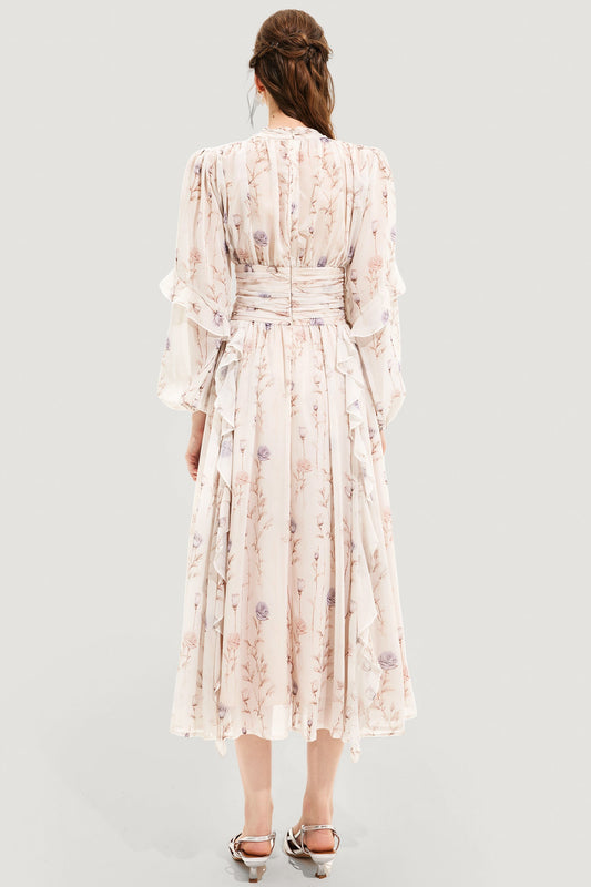Vestido midi floral con cuello redondo y mangas abullonadas 
