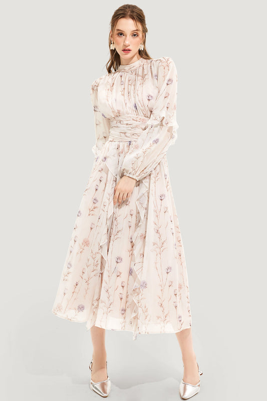 Vestido midi floral con cuello redondo y mangas abullonadas 
