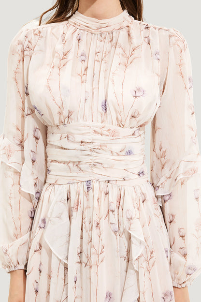 Floral Round Neck Puff Sleeve Midi Dress