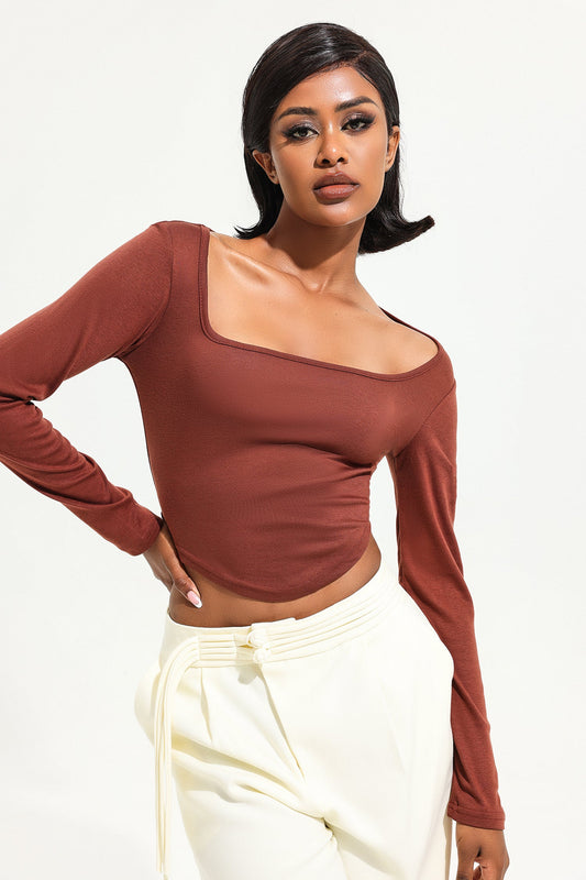 Top de punto liso de manga larga con cuello cuadrado 