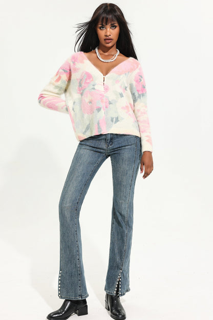 Knit V-Neck Floral Cardigan