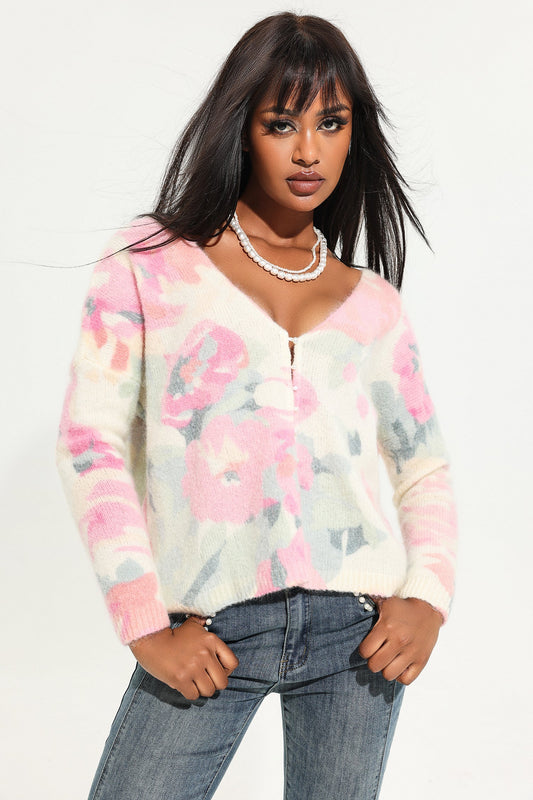 Cárdigan floral de punto con cuello en V 