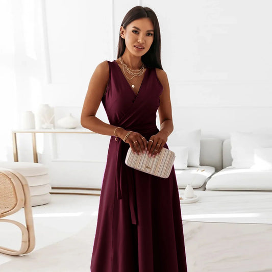 2025 Dresses For Women White Sleeveless Sexy Loose V Neck Solid Color Long Dresses Elegant Party Evening Robe Vestidos