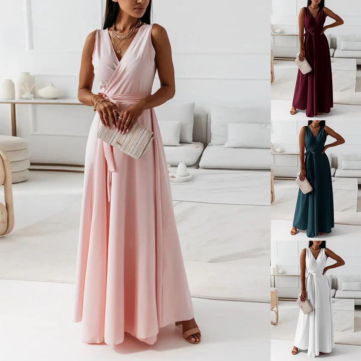 2025 Dresses For Women White Sleeveless Sexy Loose V Neck Solid Color Long Dresses Elegant Party Evening Robe Vestidos
