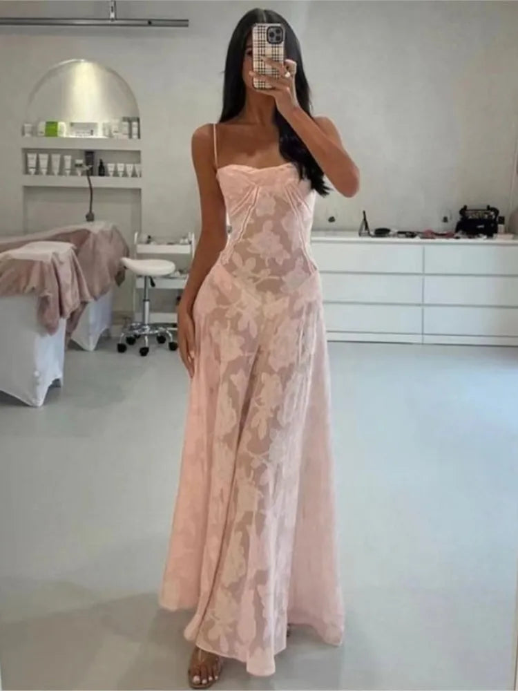 2025 Summer New Dresses For Women Spaghetti Strap Lace Hollow Out Low Cut Sexy A-lin Long Dress Beach Vacation Fashion Vestidos
