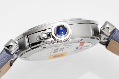 pasha 30mm quartz stainless steel white dial cloud blue leather