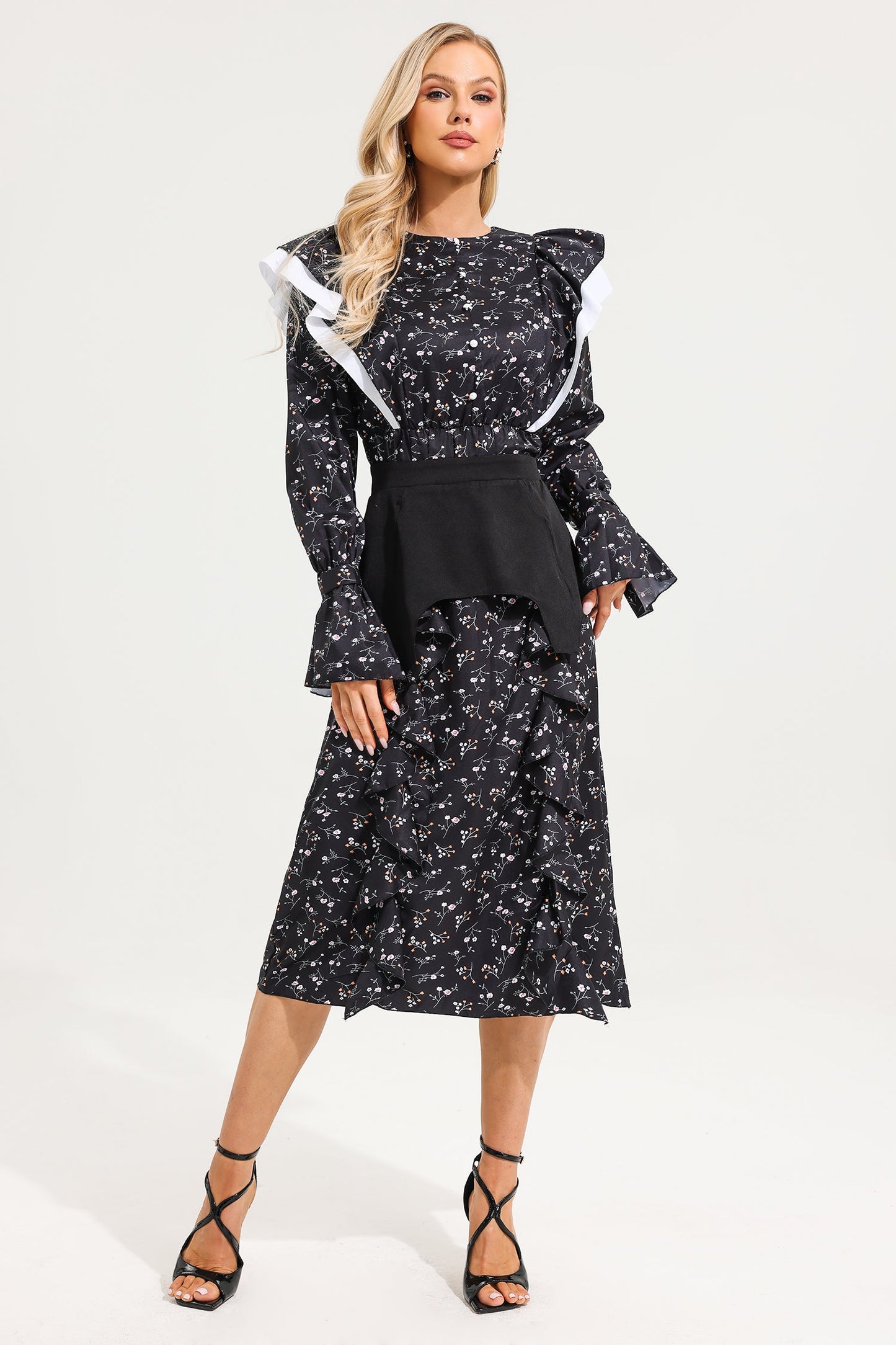 Floral Ruffle Ball Sleeve Midi Dress With Belt